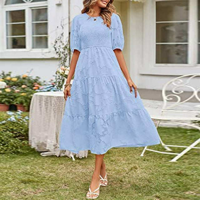 Robes pour Femmes Grande Taille Robe à Col Rond Décontractée à Manches Courtes Unie à Taille Superposée en Mousseline avec Ceinture Robe à Manches Courtes en Liquidation