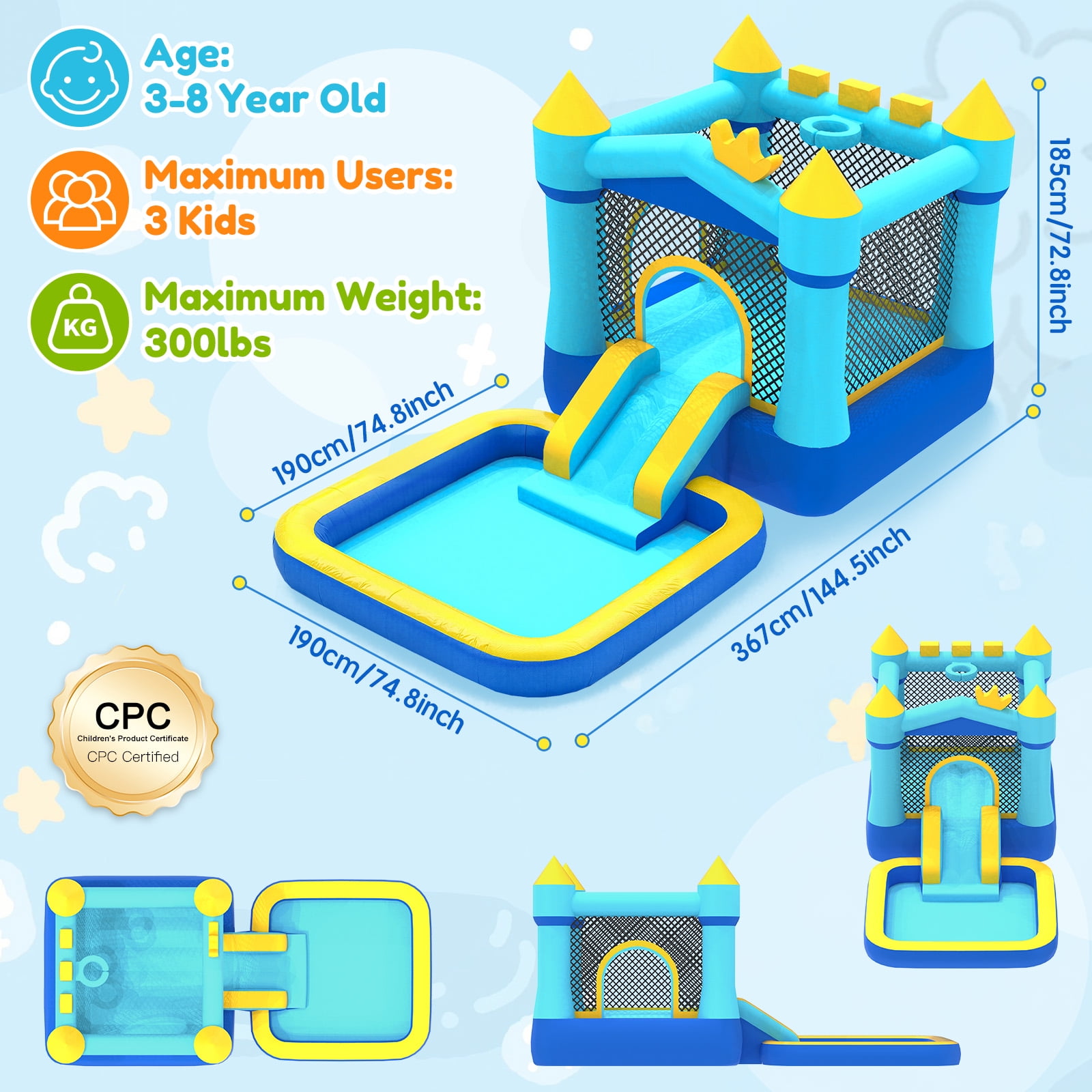 Mukidy 145''x 75'' x 73'' Inflatable Bounce Houses for Kids 3-8 with Blower Ball Pit and Large Pool Outdoor/Indoor Bouncy House, PVC, Child, Teen, Toddler，Blue