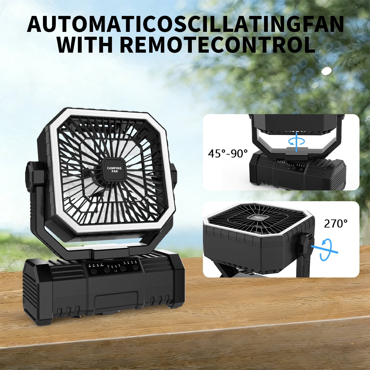 SuperRGB Portable Camping Fan, 20000mAh Rechargeable Battery Operated Fan with LED Light & Remote, 4 Speeds, Timer & Hanging Hook for Tent, Outdoor, Travel, Emergency, Black