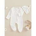 thumbnail image 4 of Suealasg Newborn Baby Fall Footed Romper Solid Color Waffle Long Sleeve Crew Neck Zipper Jumpsuit with Hat, 4 of 9