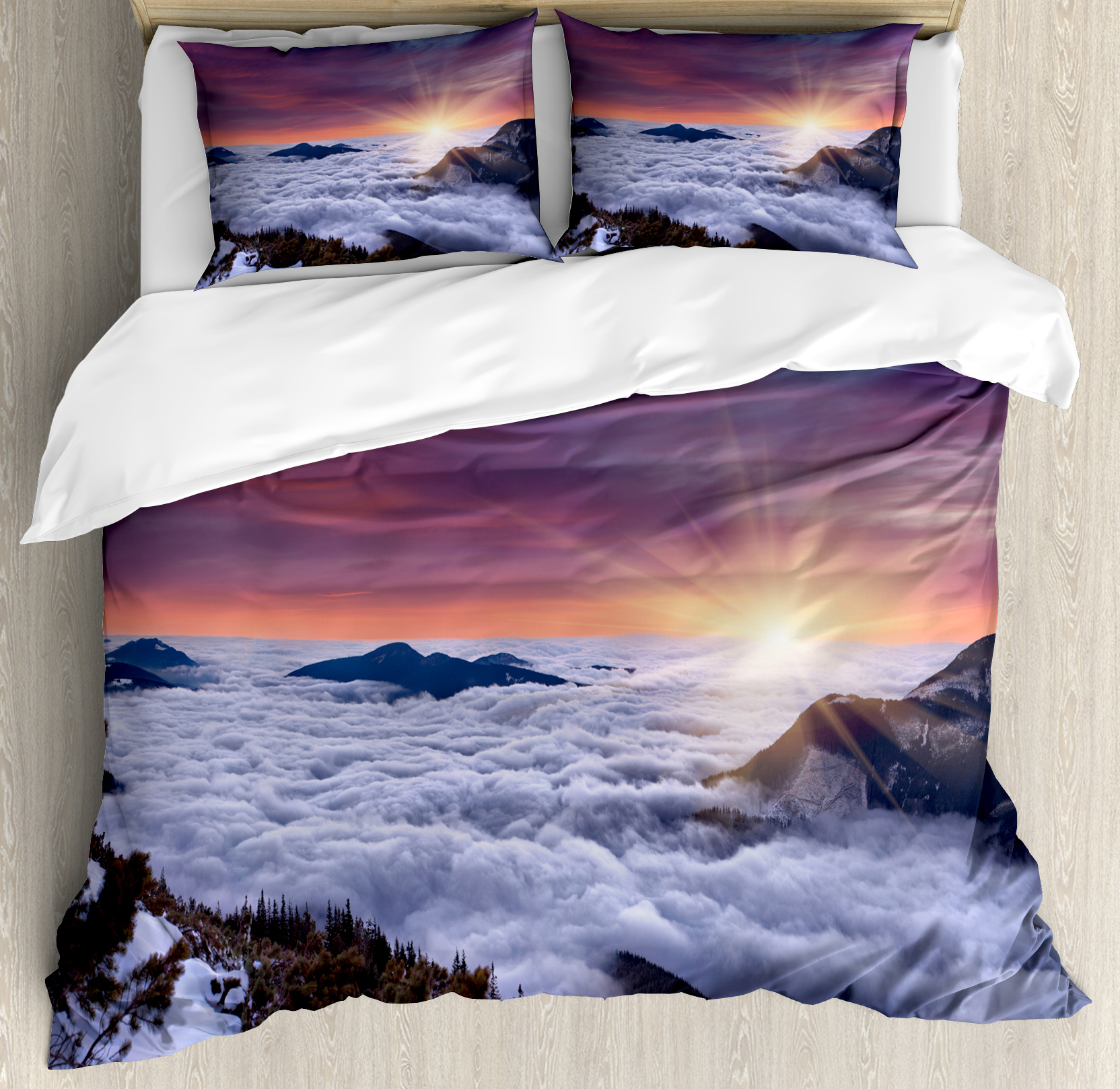 Nature Duvet Cover Set, Winter Landscape in the Mountains Sunset