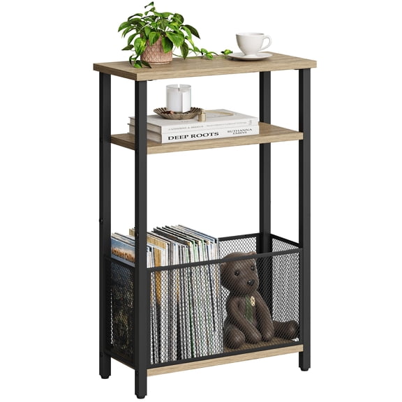 Greige 3-Tier Narrow Side Table With Mesh Storage Basket