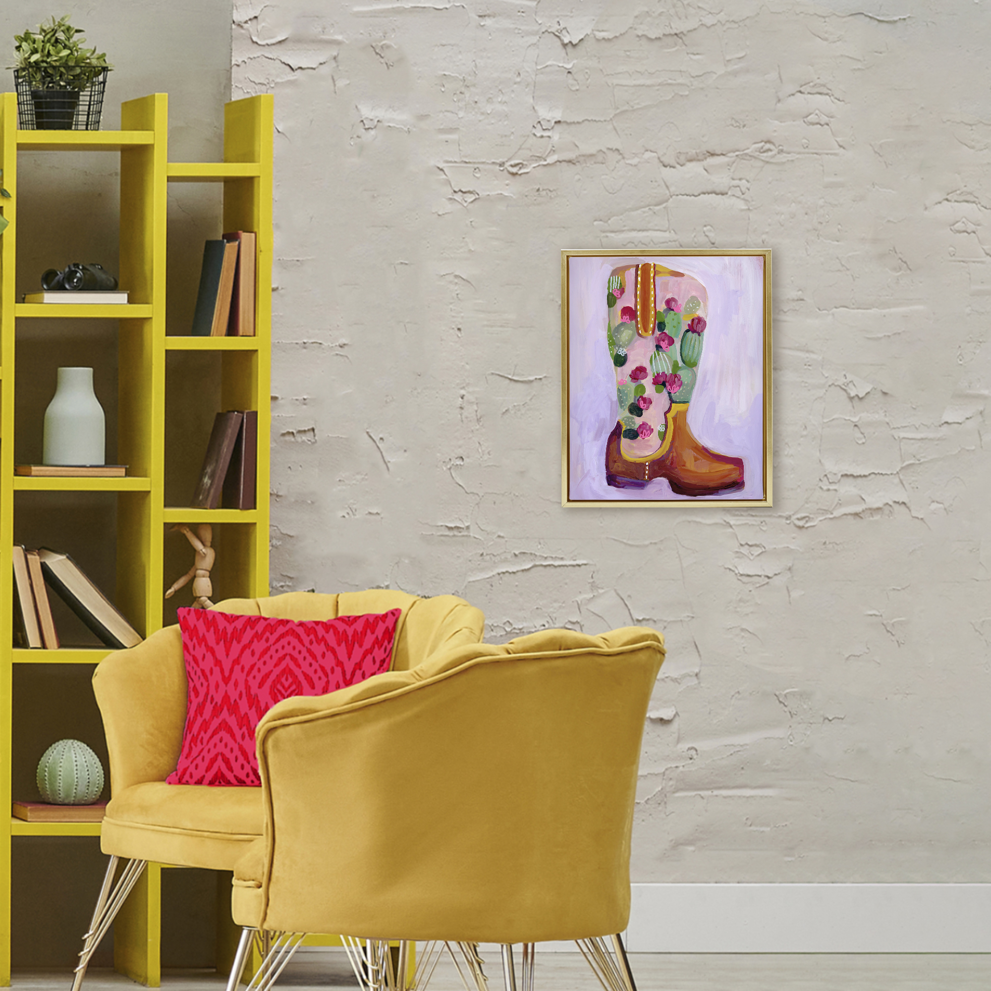 Desert Day Dream Boots Gold Framed Floater Canvas Wall Art, design by Ashley Davis