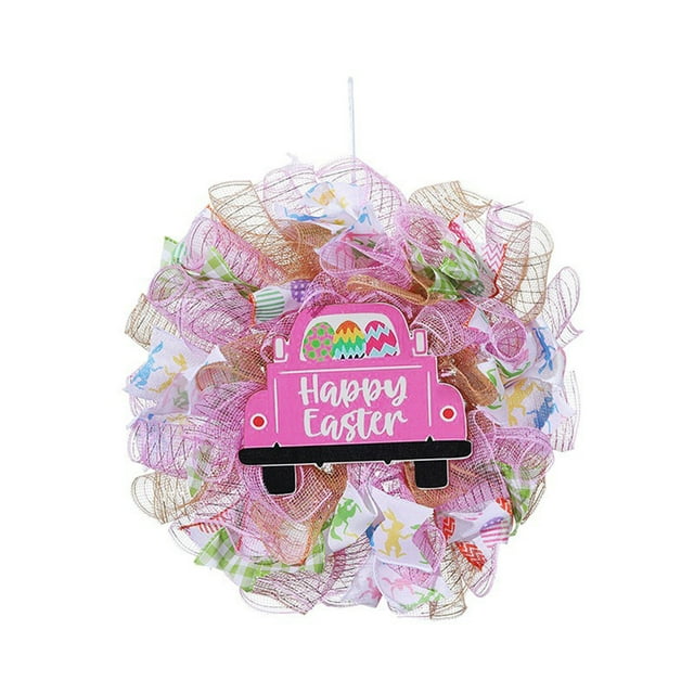 Qocolhg 16.5inch Happy Easter Door Wreath Multicolor Metallic Deco Mesh Wreath with Carrot Easter Egg Truck Sign, Colorful Ribbon with Rabbit Pattern for Indoor Outdoor Use, Farmhouse Spring Garland