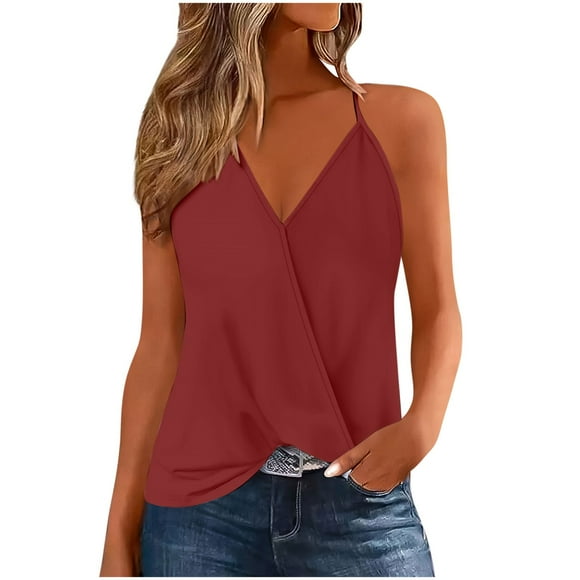 Olyvenn Summer Hollow Out Wrap Sleeveless Camisole Fashion Vacation Loose Tank Top Holiday Shirt Casual Vest Women Going Out Tank Top Wine L