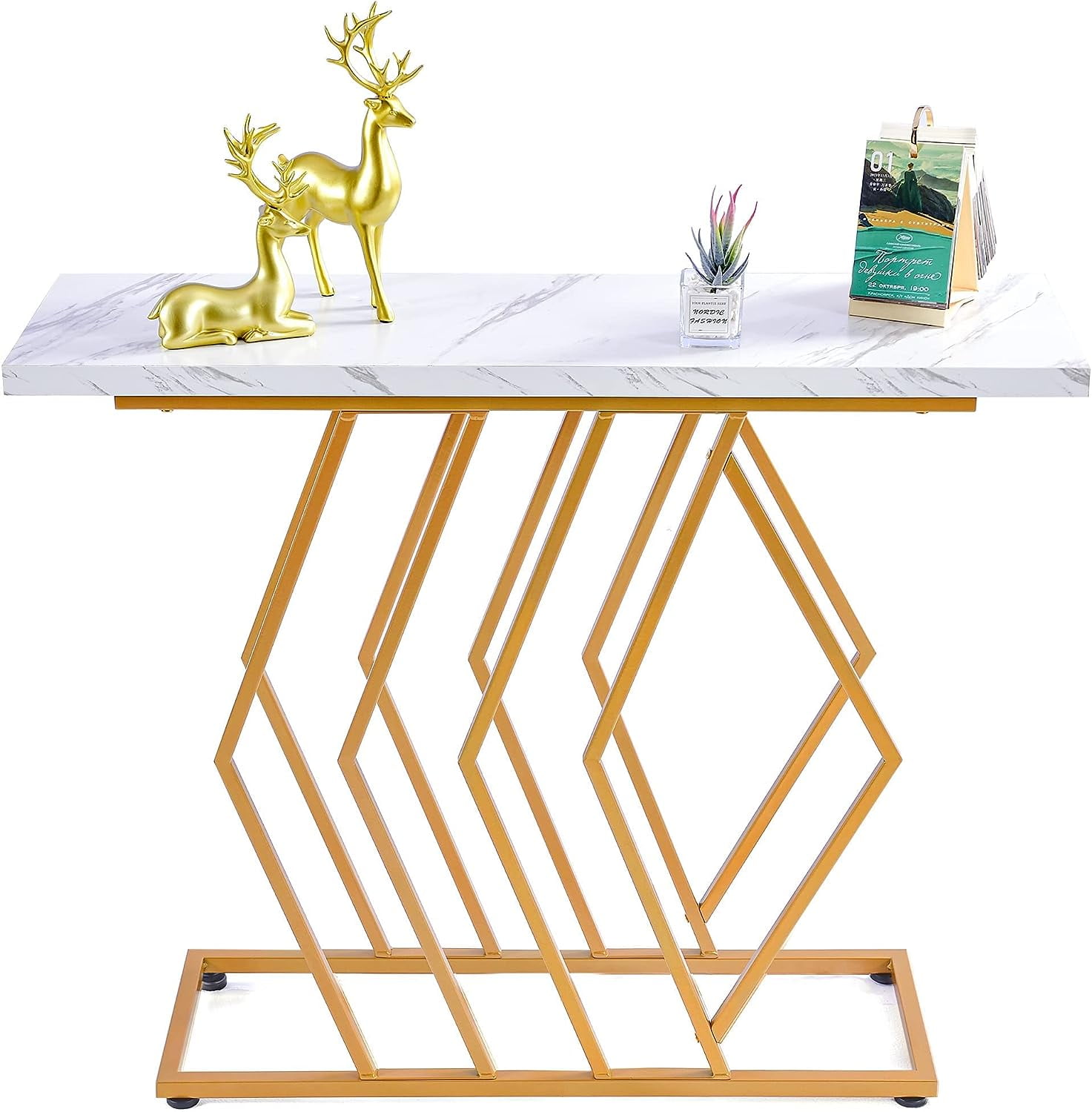 Gold and White Console Table for Entryway Modern Wood Metal Console Table 39.4 Inch Small