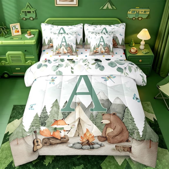 meiyoeat Boys Camper 7-Piece Twin Bedding For Boys,Green A Alphabet Bedding Comforter Set,Polkadot Reversible
