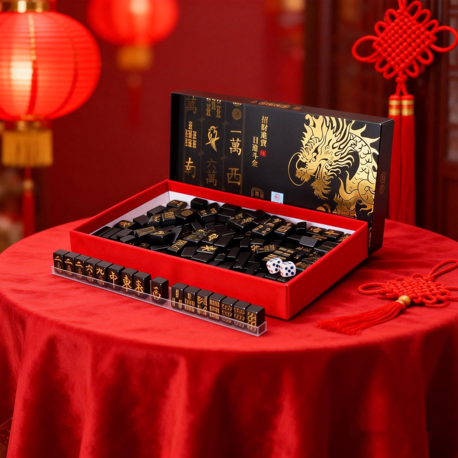 Mahjong Set, Mini Portable Travel Mahjong Tiles Set, Compact Black Mahjong Game with Gold Characters, Melamine Mahjong Set for Family Gatherings Parties