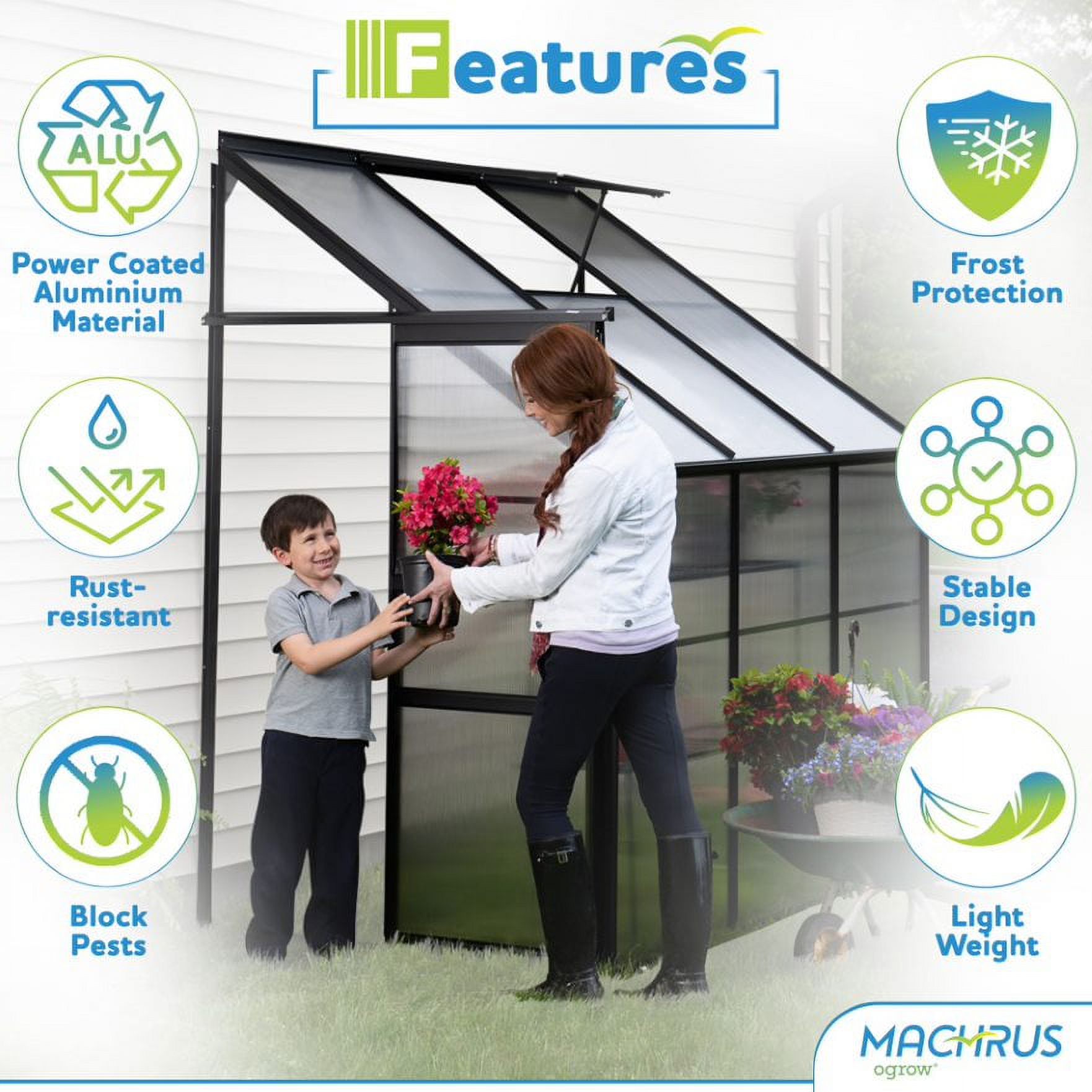 Machrus Ogrow 4 x 6 FT Lean-To-Wall Walk-In Greenhouse with Sliding Door and Adjustable Roof Vent - image 3 of 7