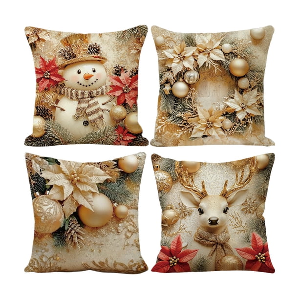 Juego de 4 fundas de almohada navideñas | Fundas de almohada con estampado navideño de Papá Noel | Fundas de cojín decorativas de poliéster de 45 x 45 cm para sofá cama y salón