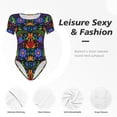 thumbnail image 6 of Daiia Colorful Floral print Women's Crew Neck Short Sleeve Bodysuit Fashion Tops Fit Casual Basic Extender Bodysuit-Small, 6 of 9