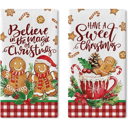 Have A Sweet Christmas Gingerbread Man Kitchen Dish Towels Set of 2, Cute Xmas Coffee Candy Drying Hand Towel Baking Cooking Cloth, Winter Holiday Plaid Bathroom Home Decoration 16 x 24 Inches
