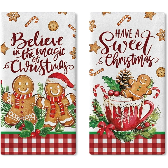Have A Sweet Christmas Gingerbread Man Kitchen Dish Towels Set of 2, Cute Xmas Coffee Candy Drying Hand Towel Baking Cooking Cloth, Winter Holiday Plaid Bathroom Home Decoration 16 x 24 Inches