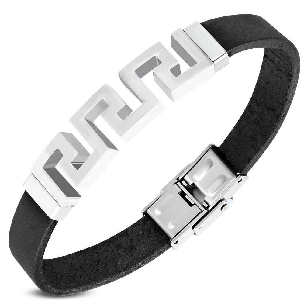 Stainless Steel Black Leather SilverTone Greek Key Wristband Wrap Mens Bracelet