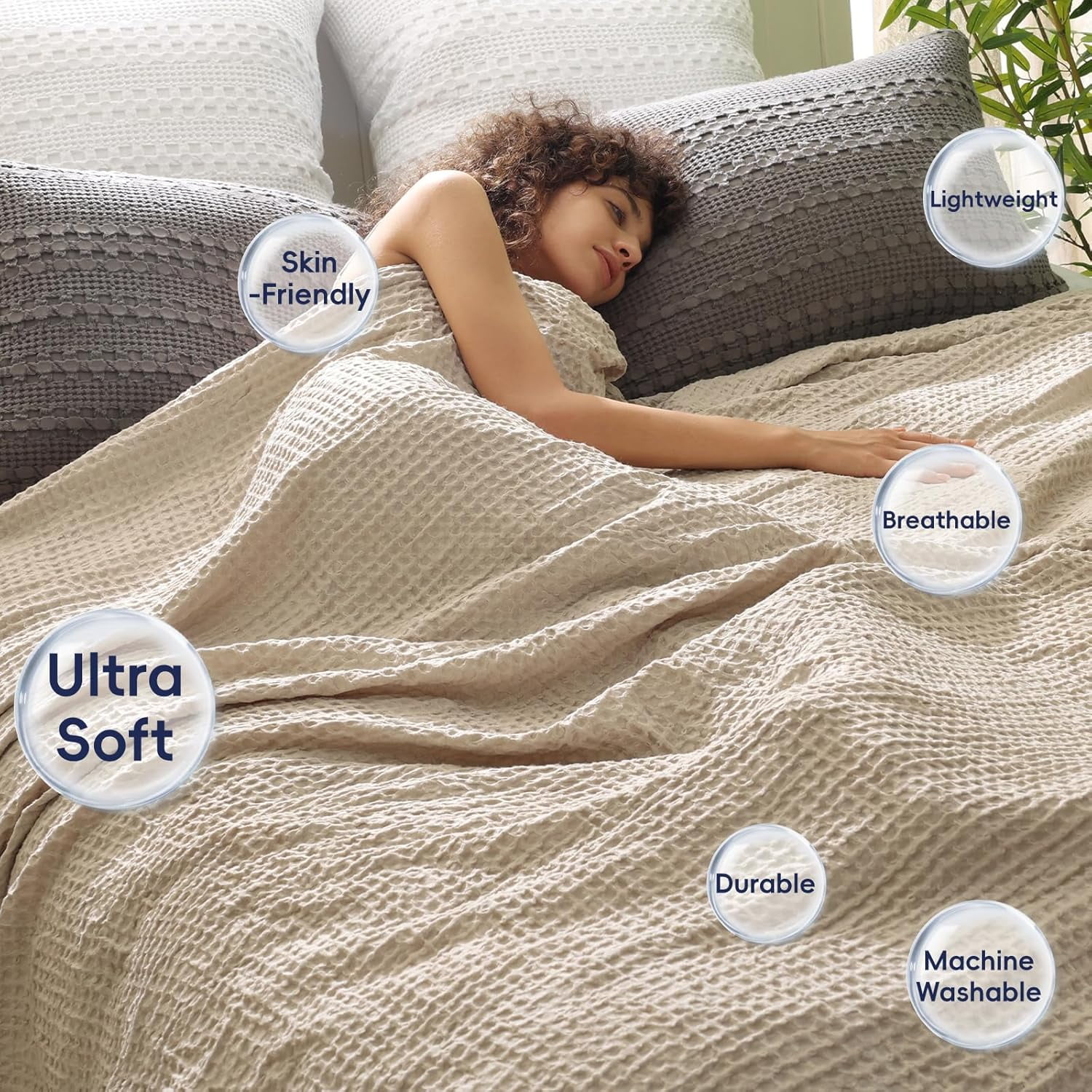 PHF Ultra Soft Waffle Weave Blanket King Size, Washed Lightweight Summer Breathable Blankets for Hot Sleeper, Khaki, 104x90 inches