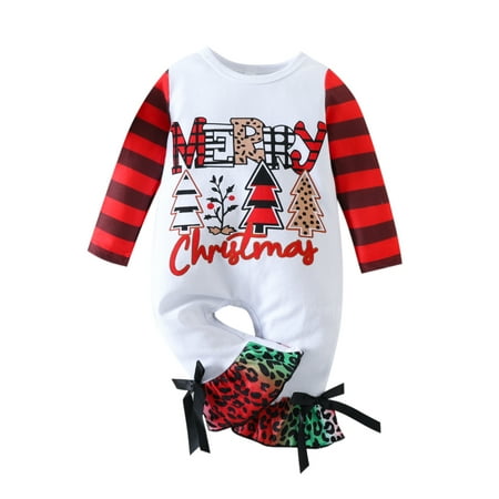 

AMILIEe Toddler Baby Girl Christmas Romper Long Sleeve Round Neck Rainbow/Letter Print Jumpsuit