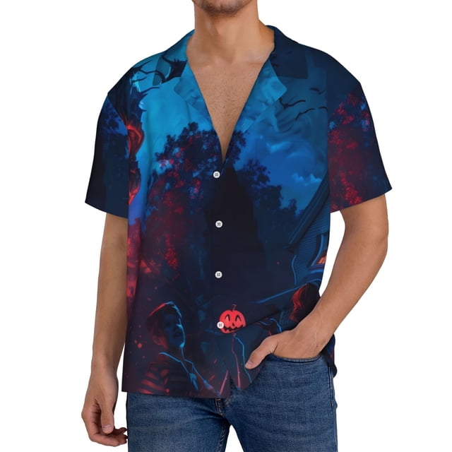 Balery Spooky Halloween Night Scene Camisa Casual de Manga Corta con Botones para Hombre, Texturizada, Estilo Cubano, para Playa, Verano-Small
