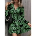 thumbnail image 6 of Women'S Floral Mini Dress Long Sleeve Casual V Neck Chiffon Modest Boho Flowy Fall Wedding Guest Dresses Green L, 6 of 9