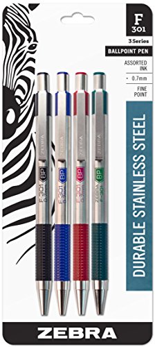 Zebra F-301 Ballpoint Stainless Steel Retractable Pen, Fine Point, 0.7mm, Assorted Ink, 4-Count: Black, Blue, Green, Red