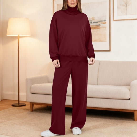 Neck Sweatshirt Women Turtleneck Pullover Long Sleeve Tops & Pants Set (Red S)