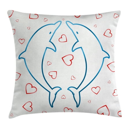 Sea Animals Decor Throw Pillow Cushion Cover, Two Dolphins with Red Heart Ornaments Romance Love Happiness in Ocean, Decorative Square Accent Pillow Case, 18 X 18 Inches, Blue White, by