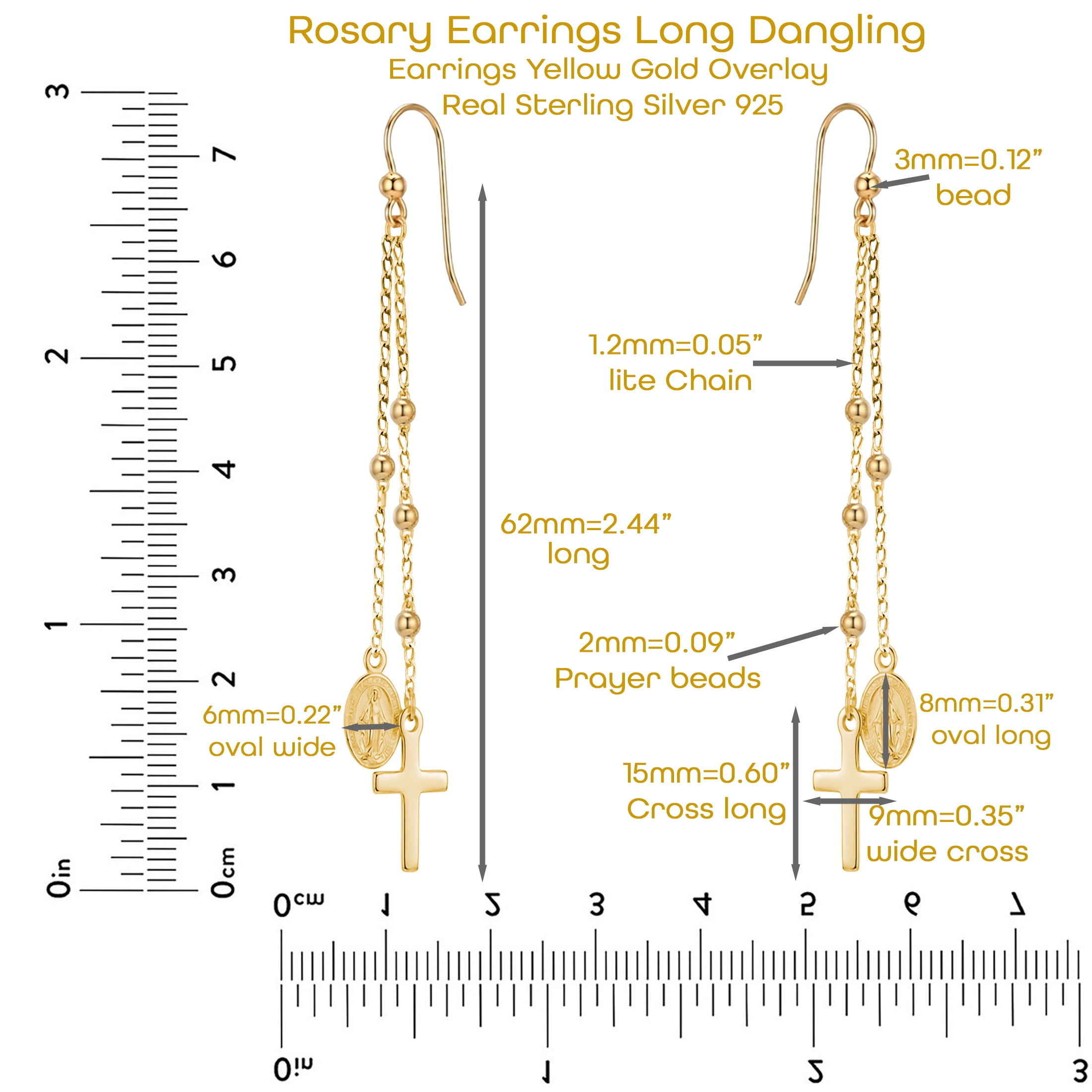 Rosary Gold Earrings long dangling Rosary earrings cross dangling earring Religious rosary earrings 18k Yellow Gold over sterling silver 925