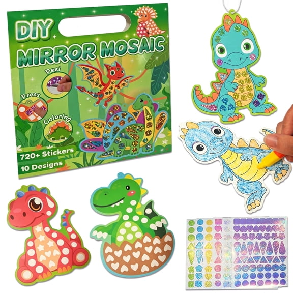 SkyMagic Mirror Mosaic Dinosaur Art Set for Kids – DIY Craft Kit with Foil Stickers, Travel Activities for Ages 3-7, Creative & Fun Gift for Boys Girls