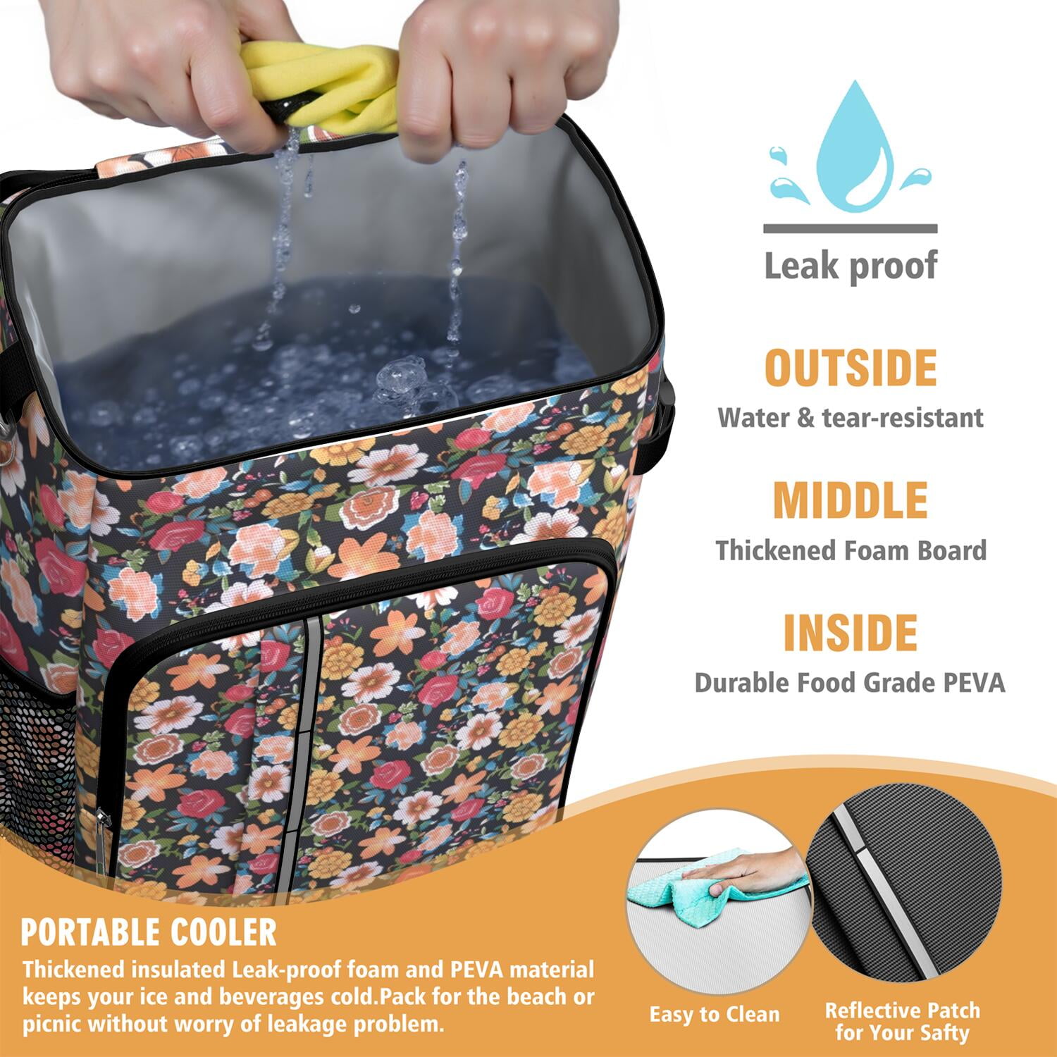 Travel Cooler Bag - Pioneer Flower Floral Print Pattern Camping Beer Cooler Backpack with Bottle Opener- Waterproof Insulated Picnic Backpacks - Cooler Bag for Beach