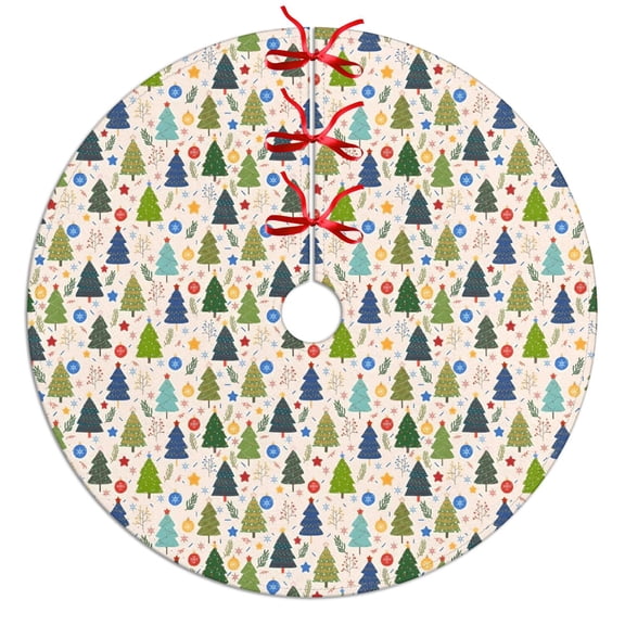 Christmas Tree Skirt,Multicolor Christmas Tree and Ornament Pattern Christmas Tree Decor with Red Ribbon Ties,Round Shape,Christmas Decorations for Home 30"x30"