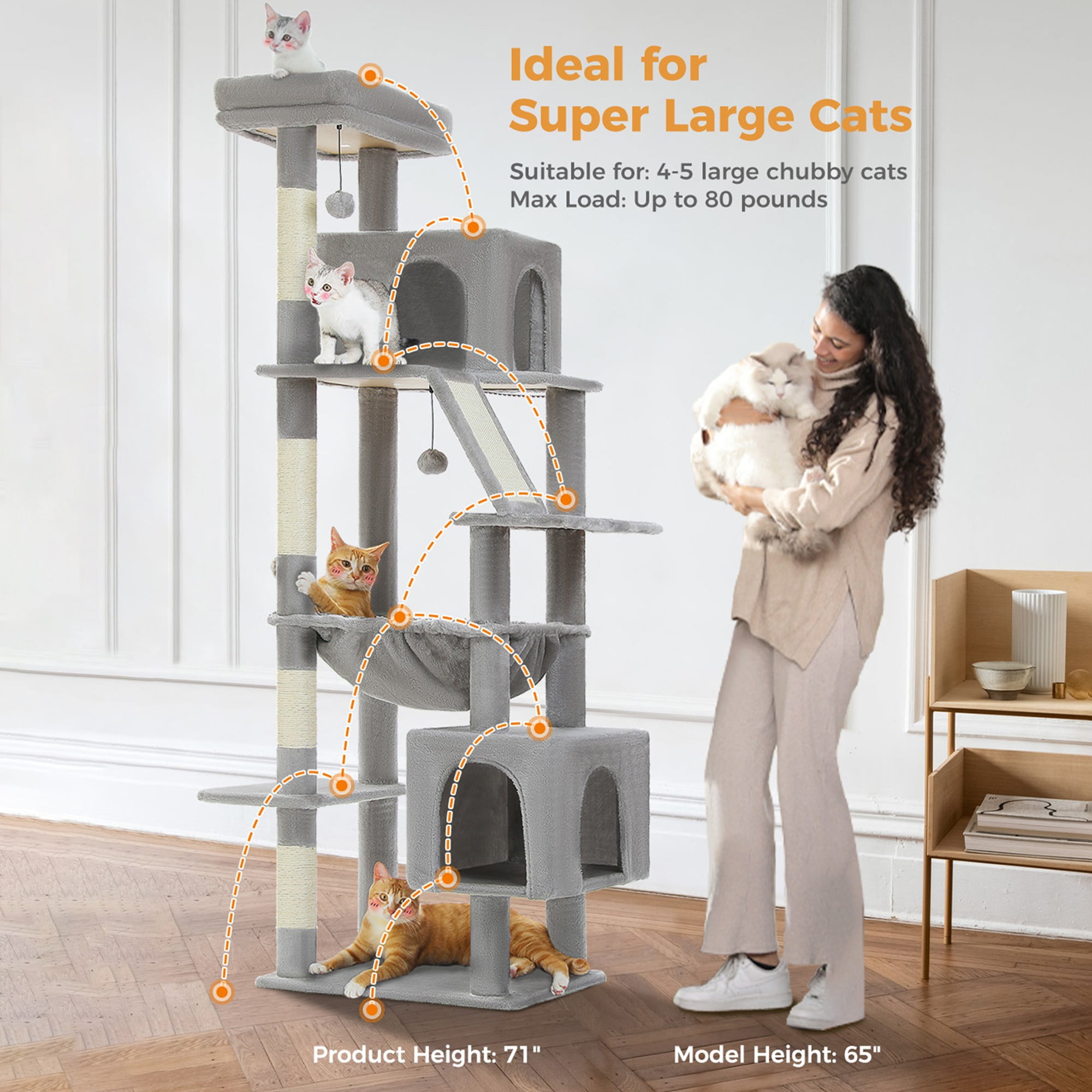 Kadyn 71" Large Cat Tree Tower for Indoor Cats, Multi-Level Cat Tree House with Padded Perches, Scratcher, Hammock, 2 Cozy Cat Condos and Scratching Posts, Gray