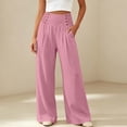thumbnail image 2 of CHGBMOK Women's Plus Size Wide Leg Pants Smocked Elastic High Waist Casual Palazzo Trousers Button Decor Loose Flowy Long Pants with Pockets, 2 of 5