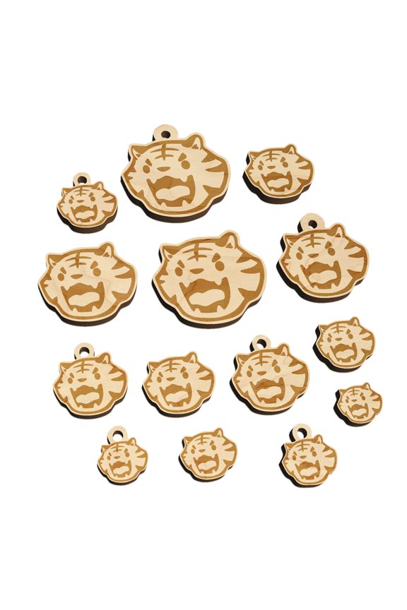Cute and Fierce Tiger Head Wood Mini Charms Shapes DIY Craft Jewelry - No Hole - 14mm (26pcs)