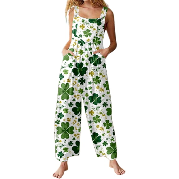 Gyujnb Women's St. Patrick's Day Overalls - White Green Yellow Shamrock Print Pocketed Wide Leg Jumpsuit for Irish Festival,5XL