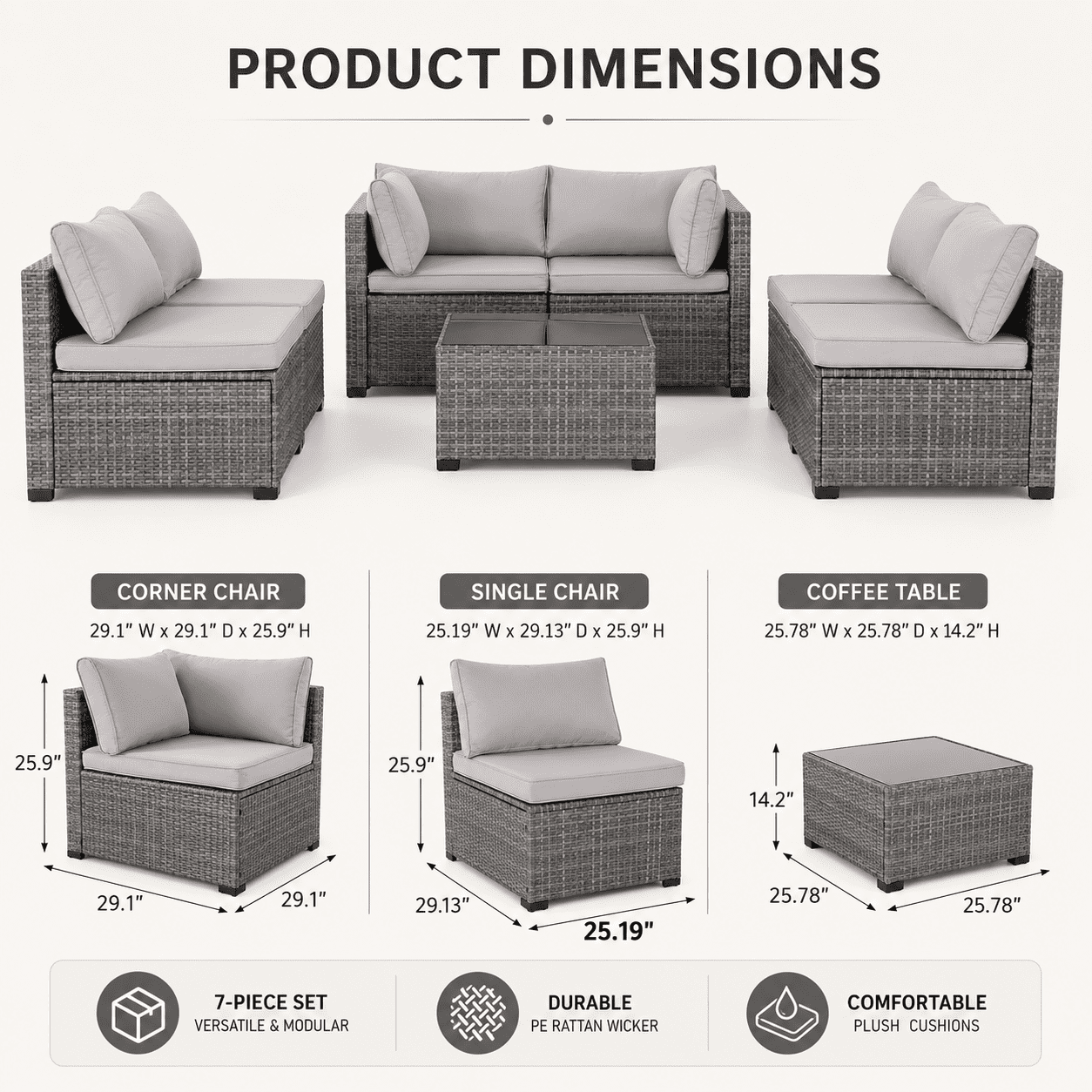 Seizeen Outdoor Furniture, 7PCS Patio Furniture Set Sectional Sofa with Cushions, Front Porch Balcony Furniture Conversation Couch Set with Table