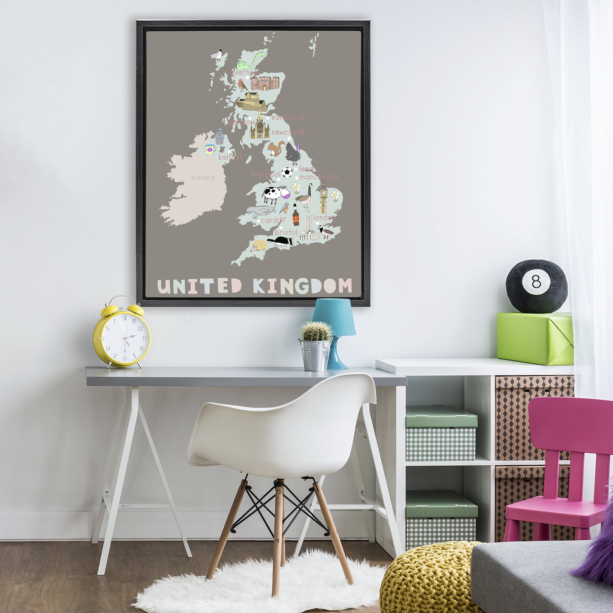 Kid's Map of United Kingdom Black Framed Floater Canvas Wall Art, design by Carla Daly