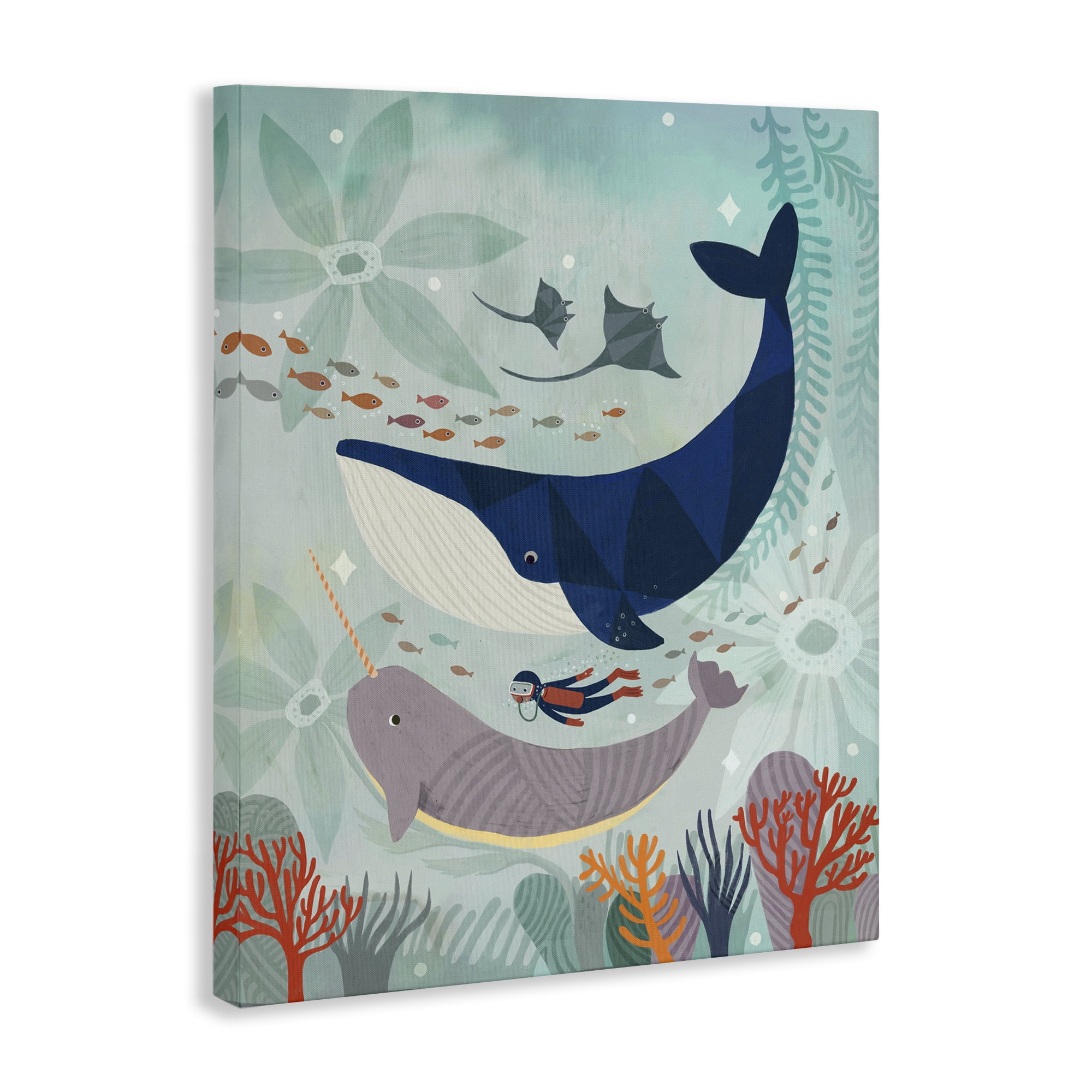 Stupell Industries Scuba Diver Among Whales Nautical & Beach Painting Wrapped Canvas Art Print Wall Art, 16 x 20