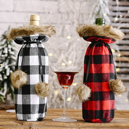 

Xmas Wine Bottle Dust Cover Bag Plush Plaid Christmas Party Dinner Table Decor Black Plush Cloth