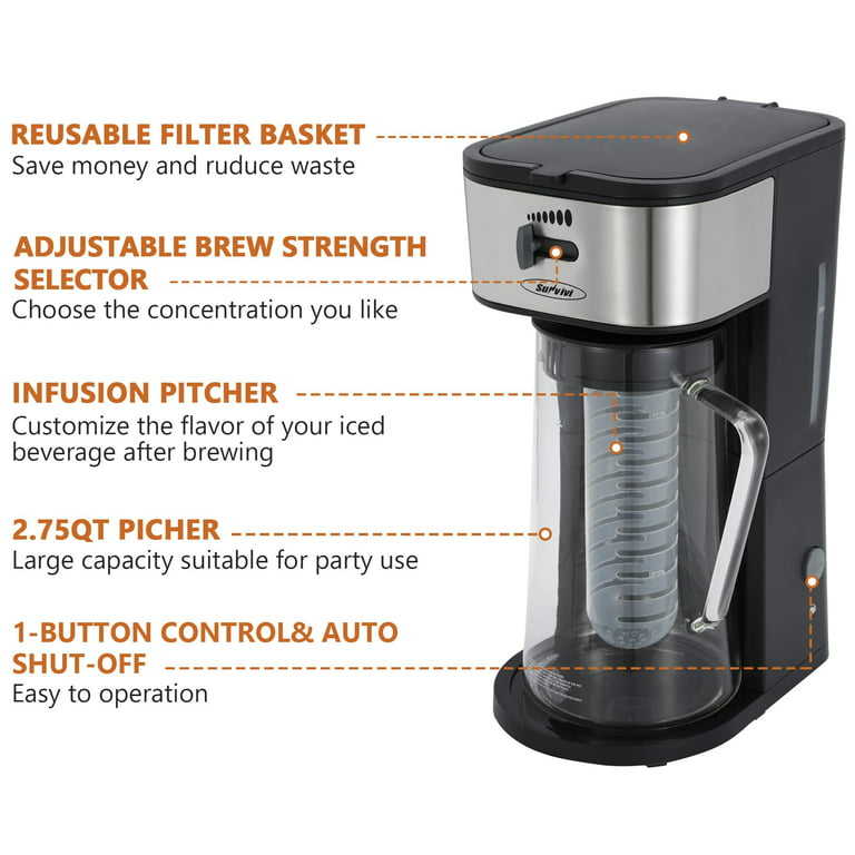  wirsh Iced Tea Maker with 85 Ounce Pitcher, Strength Control  and Reusable Filter, Perfect For Iced Coffee, Latte, Tea, Lemonade,  Flavored Water, Black: Home & Kitchen