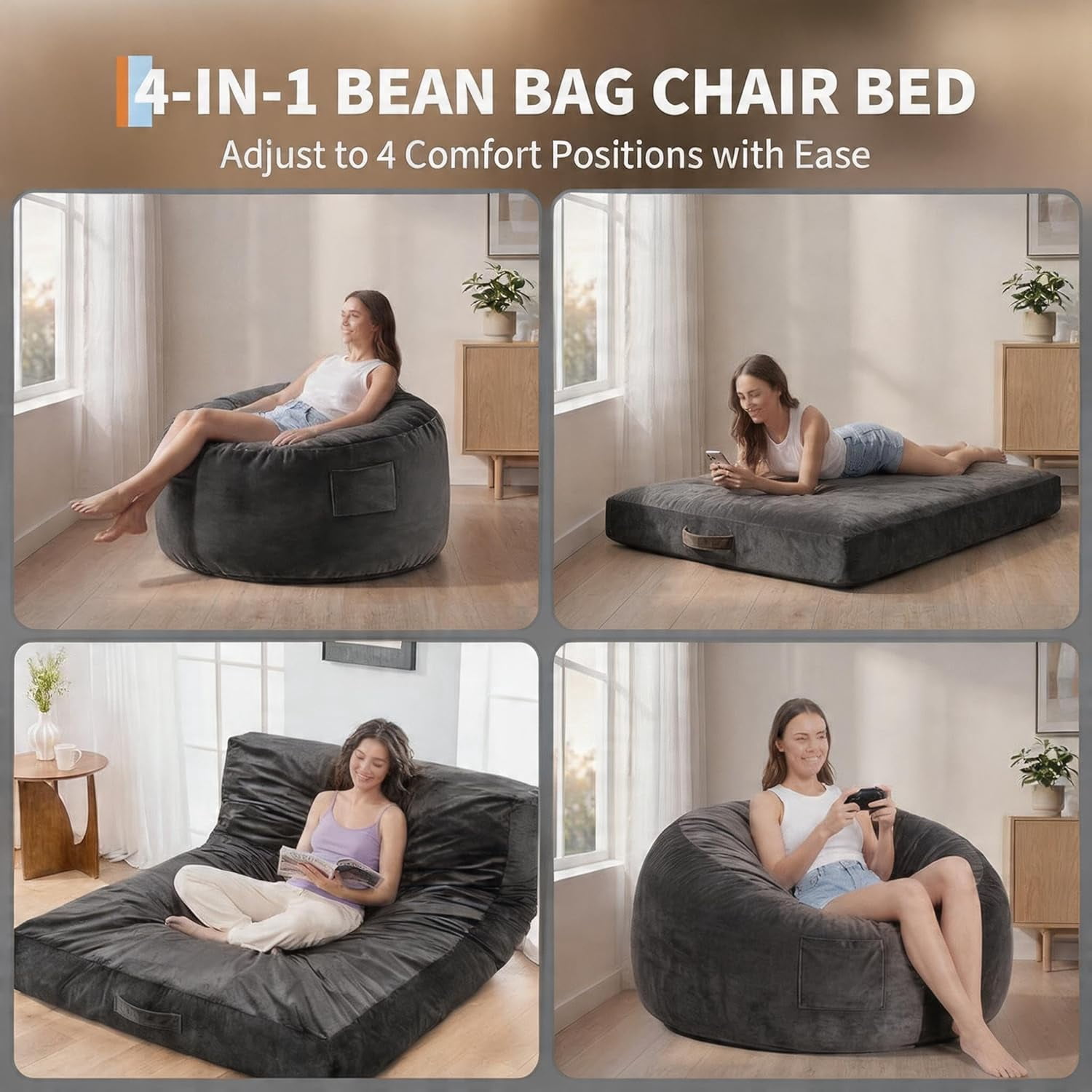 4 in 1 Convertible Bean Bag Chair Bed for Adults 4ft Large Beanbag Chair with High Memory Foam Filler and Removable Cover, Oversized Comfy Flannel Bean Bag Couch Bed Lazy Sofa for Adults Teen