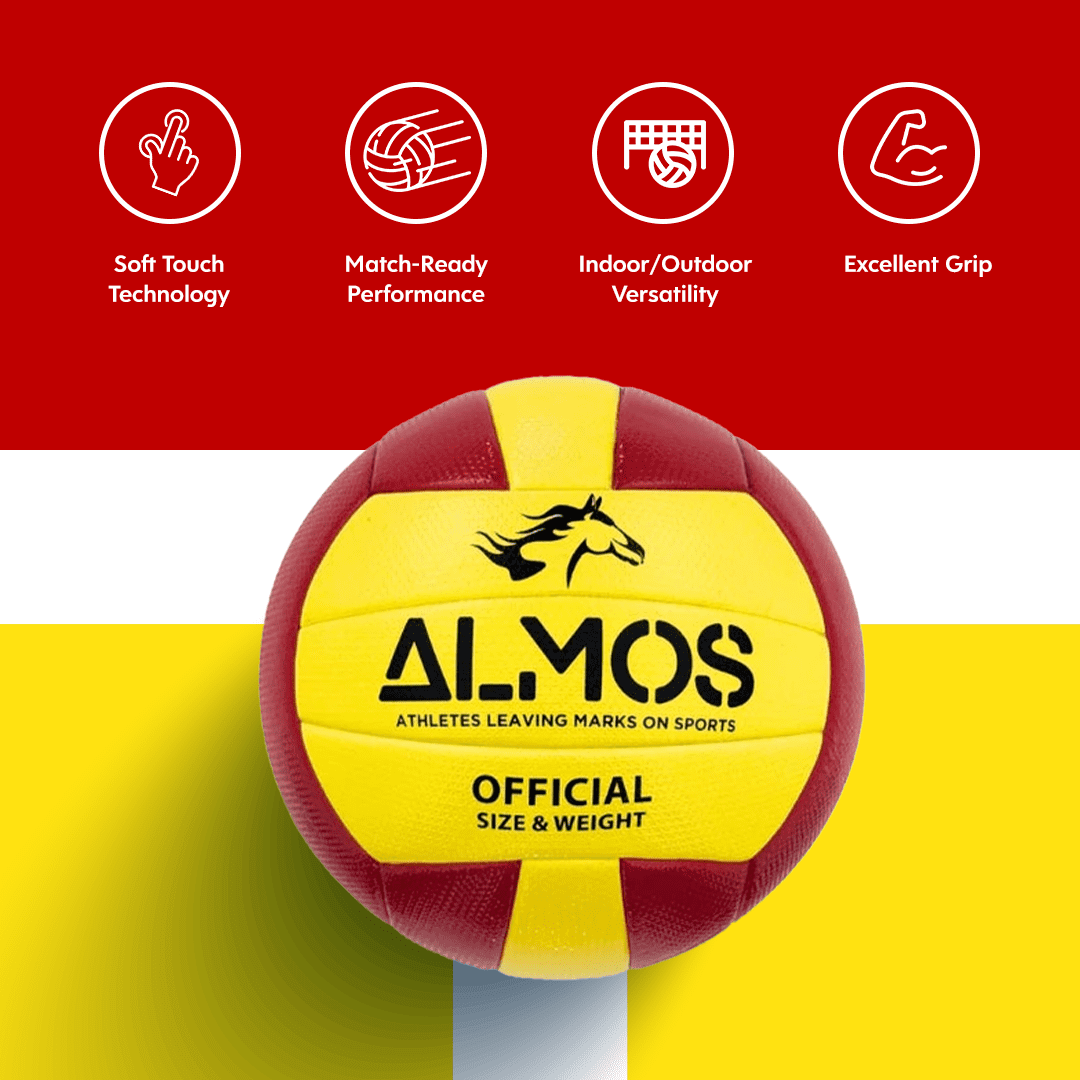 Almos Match Volleyball for Club, Indoor and Outdoor Play, Official Size 5  - Yellow Red