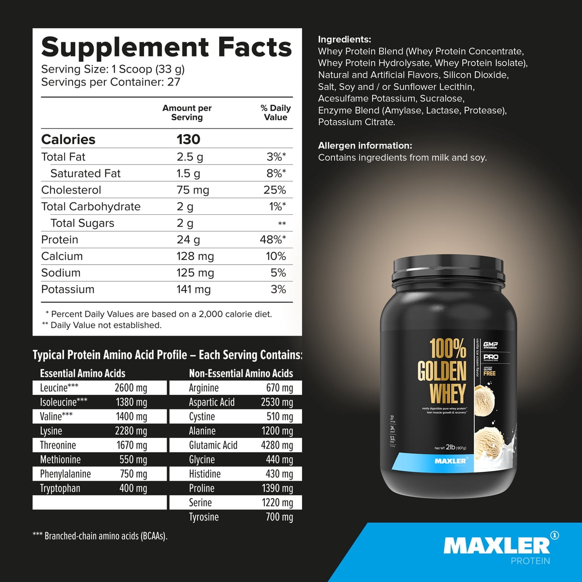 Maxler 100% Golden Whey Protein Powder - Vanilla Ice Cream 2 lb