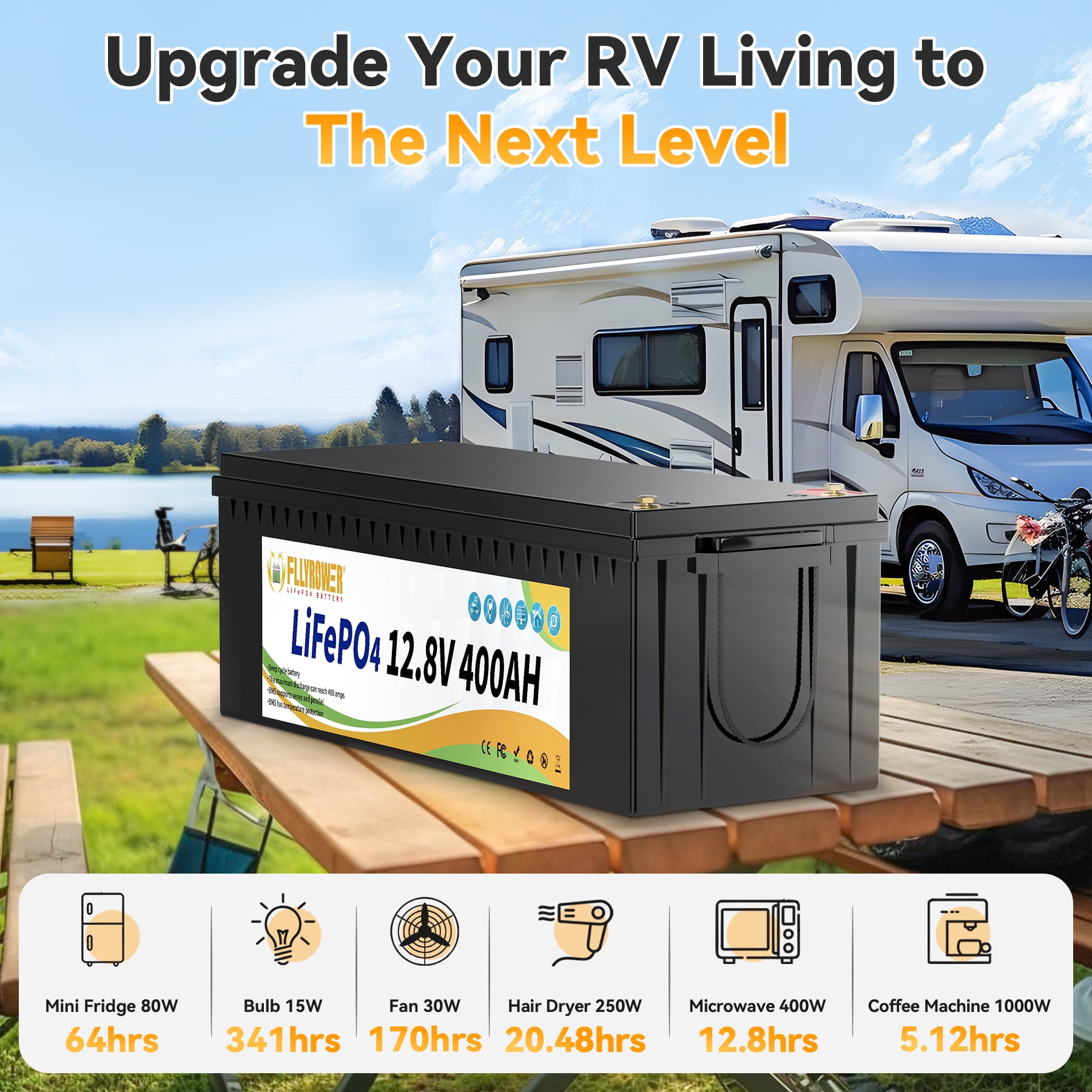 12V 400Ah Golf Carts LiFePO4 Battery with Charger,Built in 200A BMS,FLLYROWER for RV,Marine,Trolling Motor,Solar System,16000+ Deep Cycles & 10 Years Lifetime