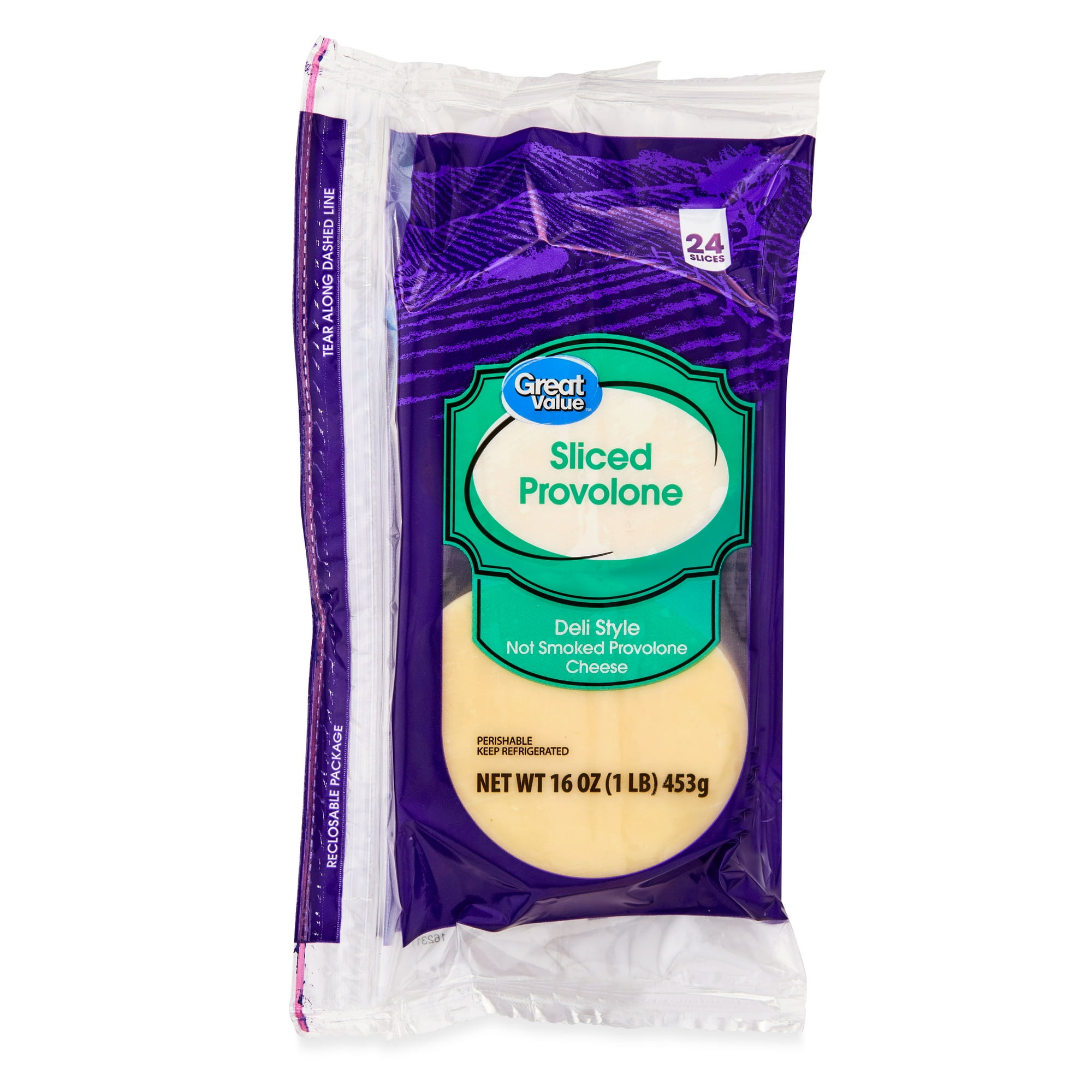 Great Value Non-Smoked Provolone Deli Style Sliced Cheese, 16 oz Bag, 24 Slices