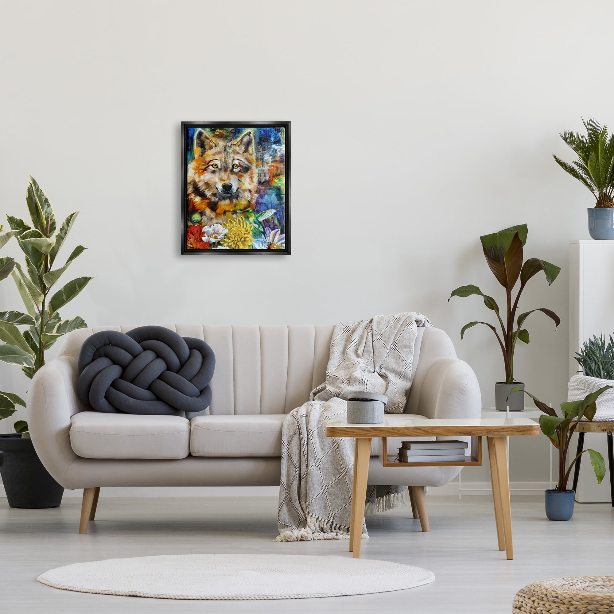 Stupell Industries Wolf with Abstract Florals Animals & Insects Painting Black Floater Framed Canvas Art Print Wall Art, 17 x 21