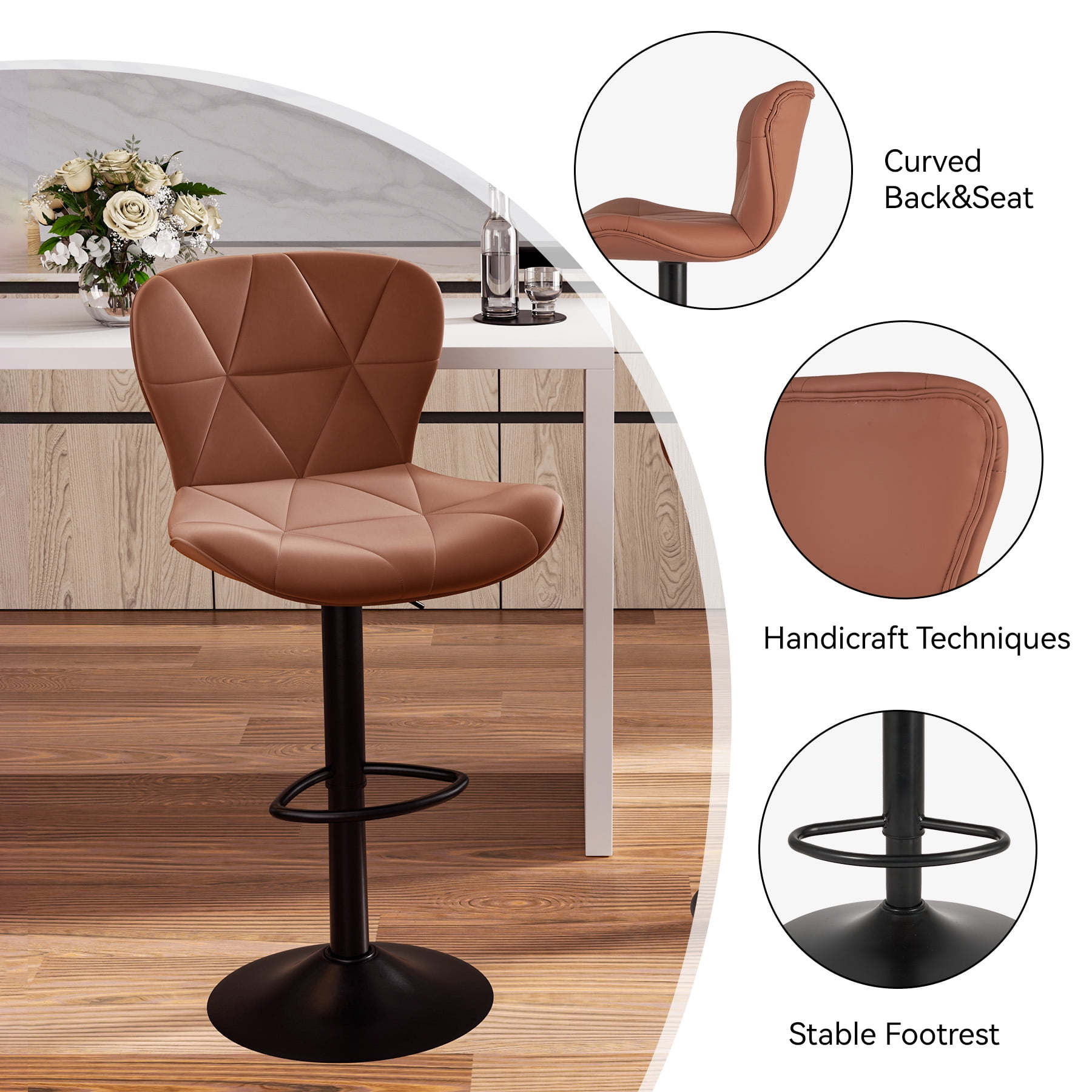Hawsaiy Modern Bar Stools Set of 4, Adjustable Faux Leather Upholstered Swivel Bar Stools, Counter Height Bar Chairs with Back for Kitchen Island, Brown