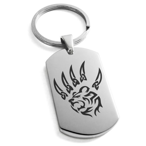 Tioneer Stainless Steel Ferocious Bear Claw Engraved Dog Tag Keychain Keyring