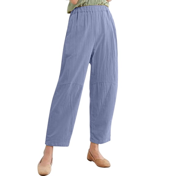 MDUKONU Women's Tall Linen Pants High Waisted Linen Blend Elastic Waistband Blue M