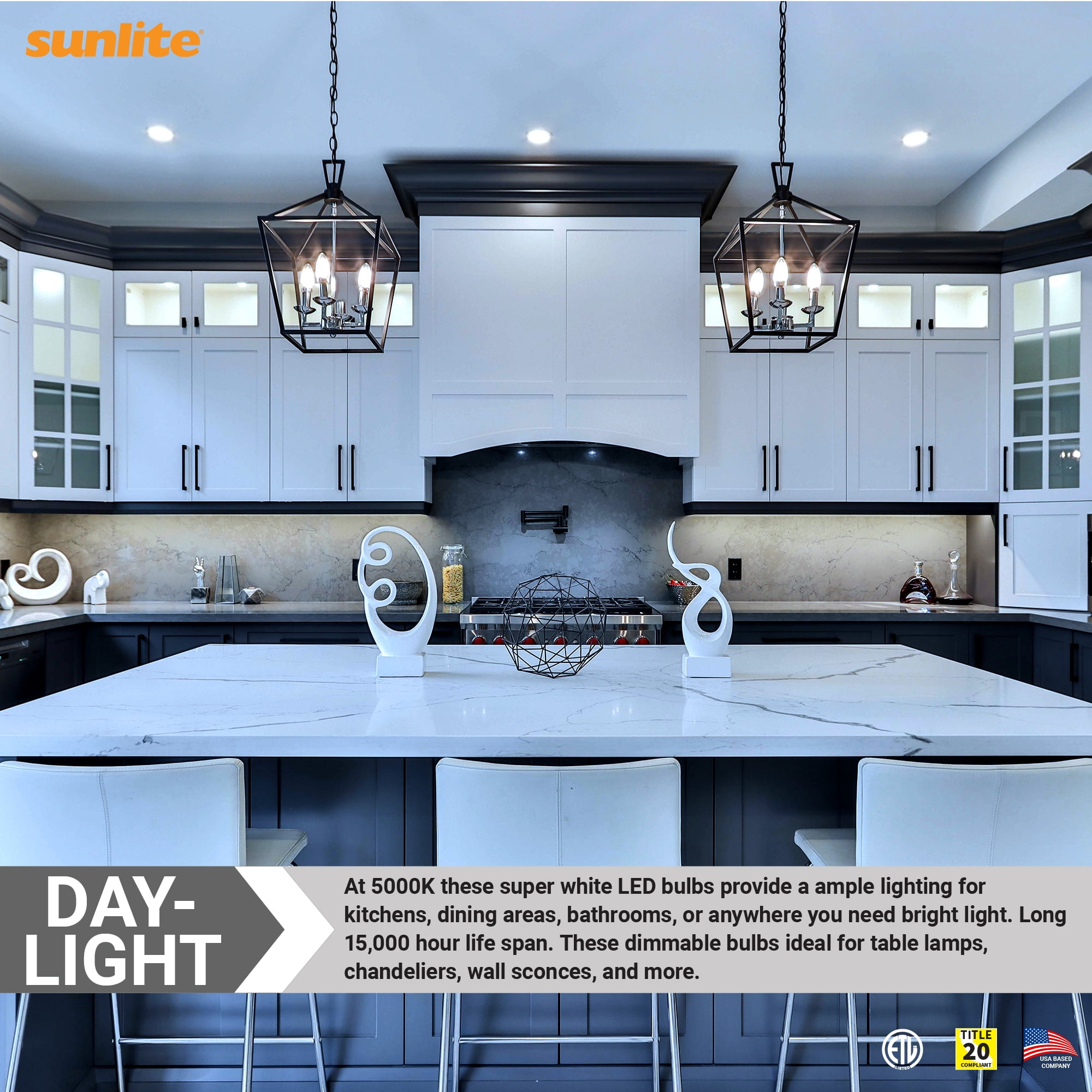 Sunlite LED B13 Decorative Chandelier Light Bulb, 7 Watts (60W=), 500 Lumens, 120 Volts, Dimmable, E26 Base, 90 CRI, ETL Listed, Torpedo Clear, Title-20, 5000K Daylight, 6 Pack