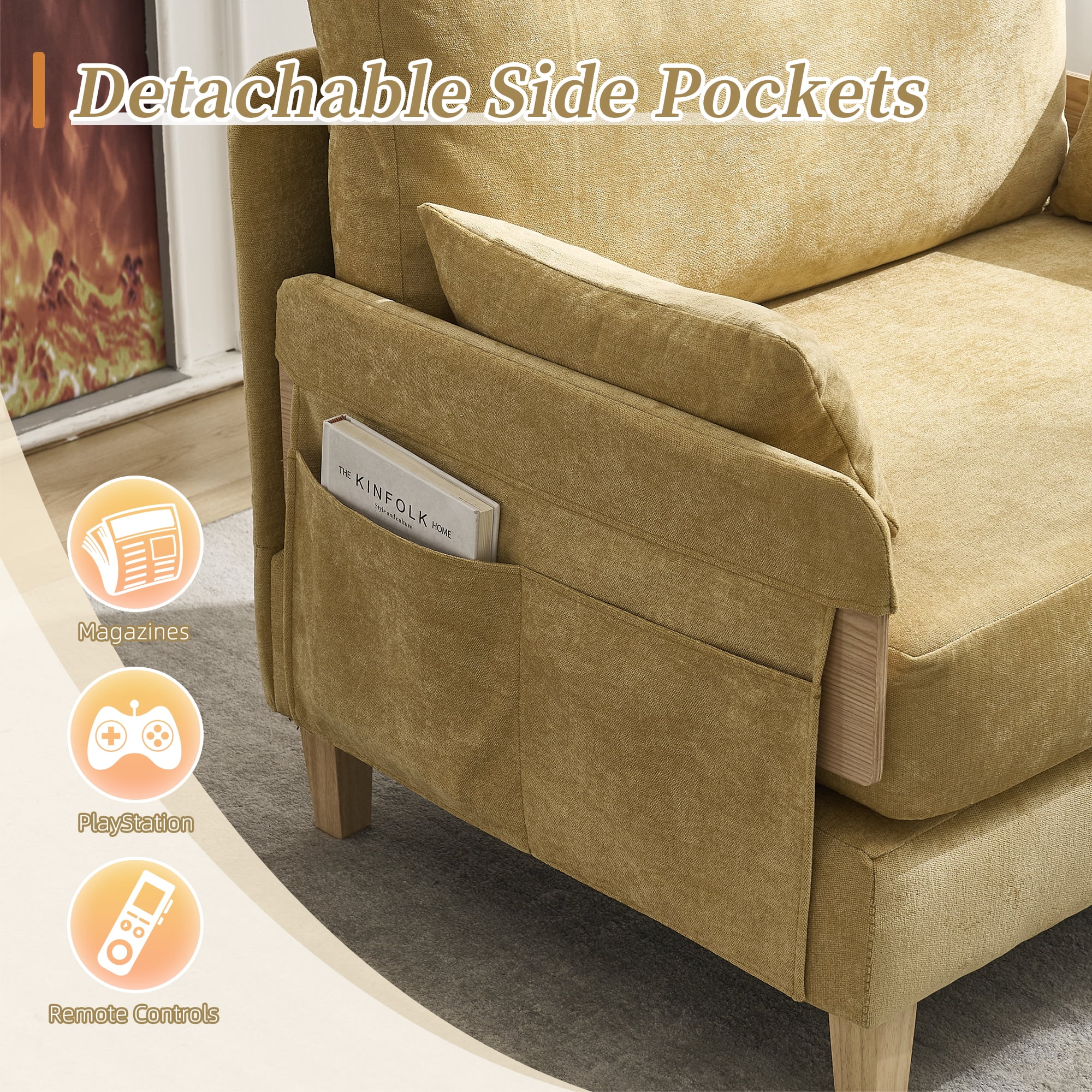 MOONMISS Chenille 3-in-1 Convertible Sleeper Foldable Sofa Bed Recliner Chair with 3 Pillows,Yellow
