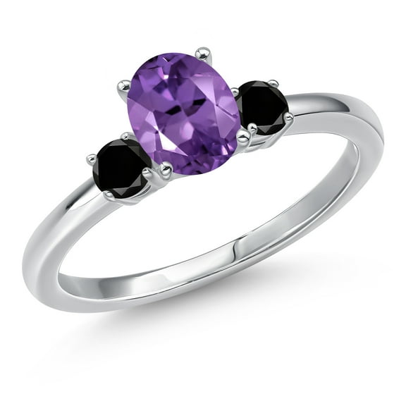 Gem Stone King 14K White Gold Purple Amethyst and Black Diamond Engagement Ring for Women | 0.95 Cttw | Oval 7X5MM | Gemstone February Birthstone | Size 5